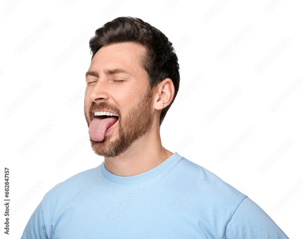 Man showing his tongue on white background