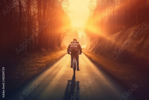 Man with backpack cycling on the road in the forest at sunset  generative Ai