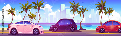 Car drive on road near sea with skyscrapper view vector background. Palm tree on ocean embankment in town summer cartoon illustration. Paradise water coast traffic in sunny vacation island bay.