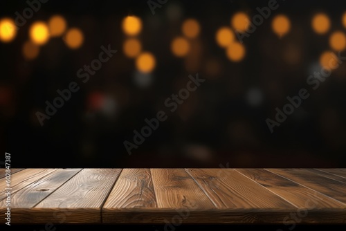 Empty wooden table and blurred background of bar or pub. For product display, generative Ai