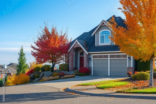Traditional house with two car garage. Fall season with colorful trees