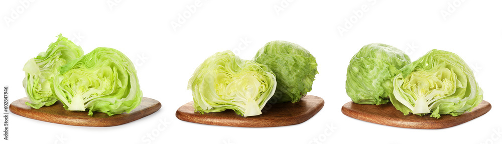 Boards with fresh cut lettuce heads on white background, collage design Boards with fresh cut lettuce heads on white background, collage design