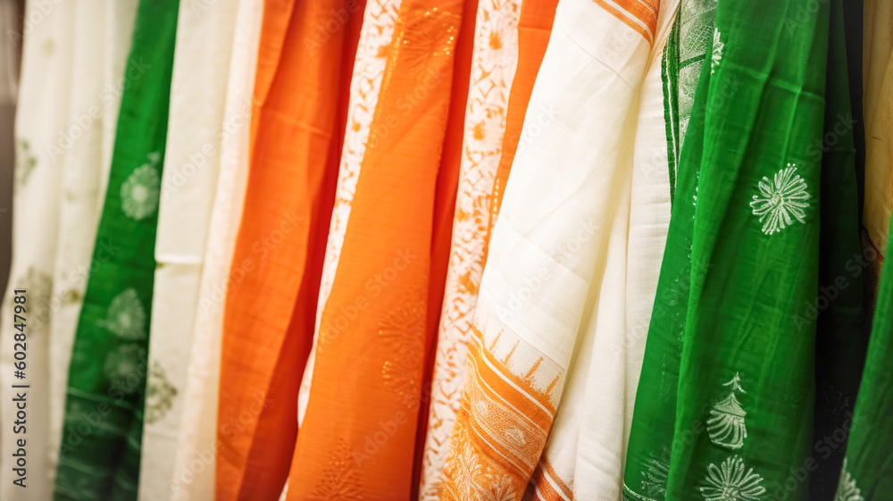 Natural Indian fabrics in bright colors orange, white, green for tailoring traditional festive clothes. Concept Independence Day Generative AI