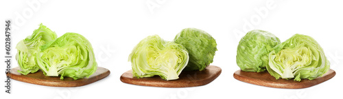 Boards with fresh cut lettuce heads on white background, collage design