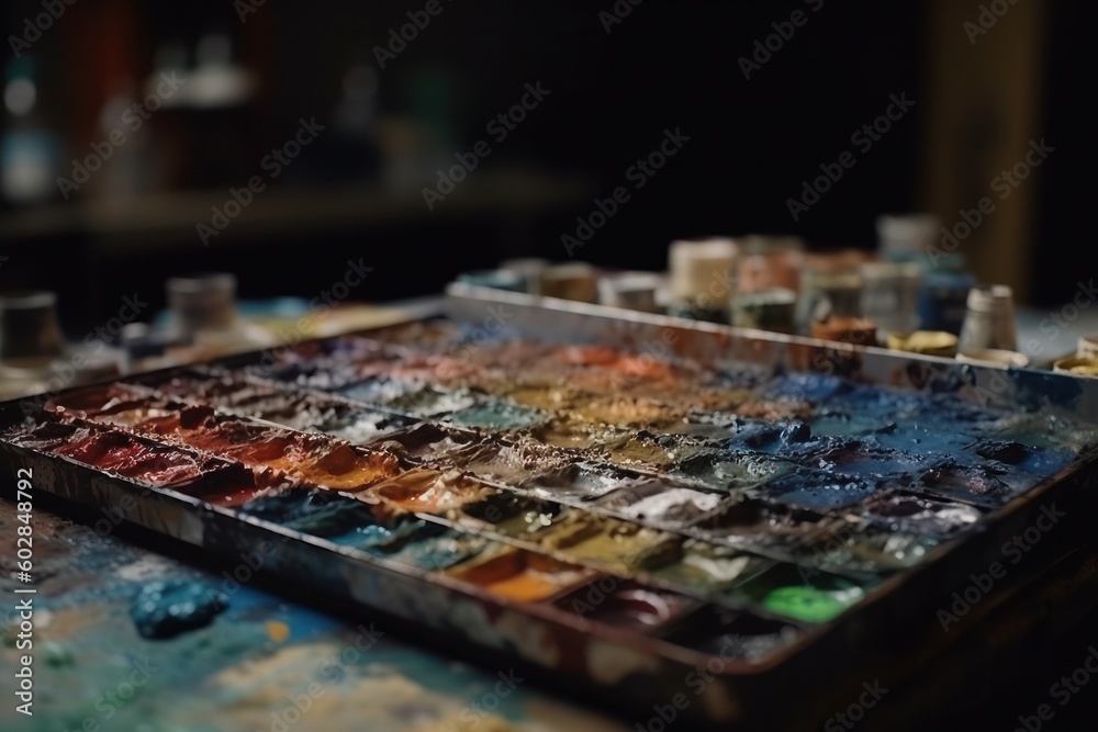 Palette of watercolors on a table in the artist's studio, generative Ai