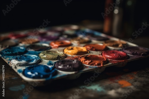 Palette of watercolor paints on a dark background. Selective focus, generative Ai