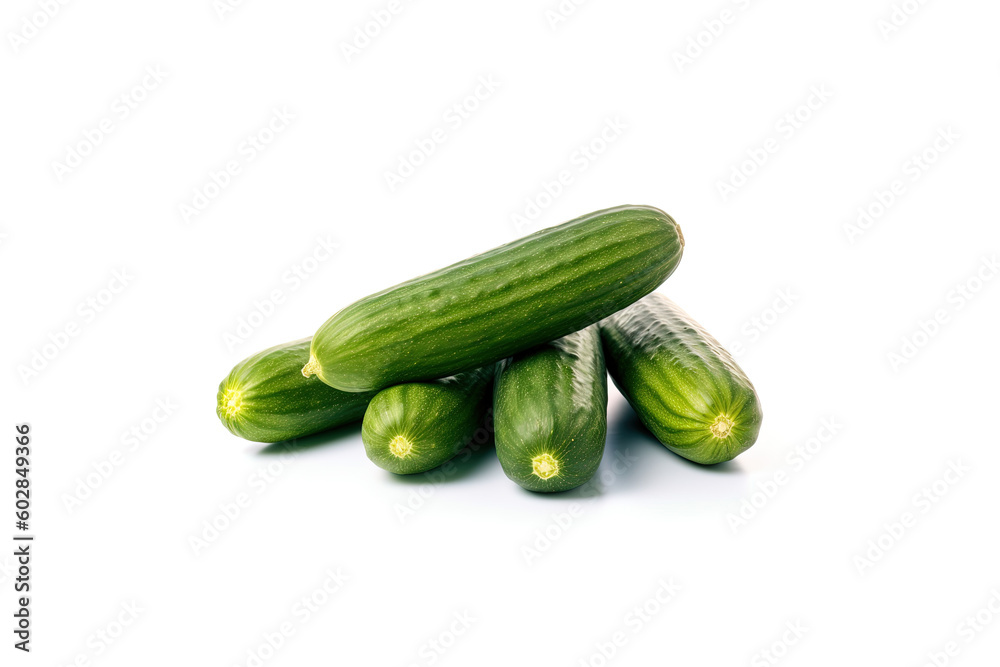 A pile of fresh green cucumbers isolated on white background. Created with Generative AI Technology A pile of fresh green cucumbers isolated on white background. Created with Generative AI Technology