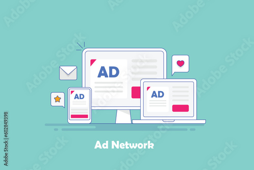 Responsive ads on smartphone, laptop and computer screen. digital ad network connecting business to online audience internet communication vector illustration.