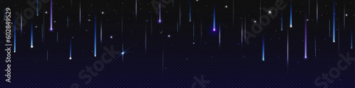 Realistic star shower on transparent night sky background. Vector illustration of comets, meteors, asteroids falling down, sparkling and shimmering on black. Space galaxy, universe design element