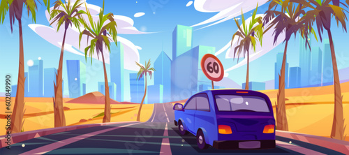 Car on desert road vector background. Highway with city skyline and palm tree perspective view. Vehicle drive to Las Vegas on asphalt traffic way and sand nature landscape horizontal illustration.