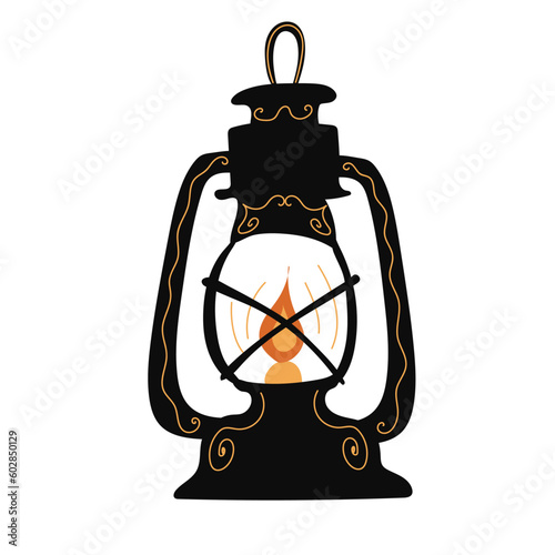 Old vintage oil lamps and candle engraving. Vector illustration. Flat style.