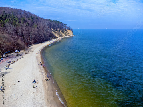 Aerial view landscape Poland Gdynia, view of cliff, Baltic sea and beach.