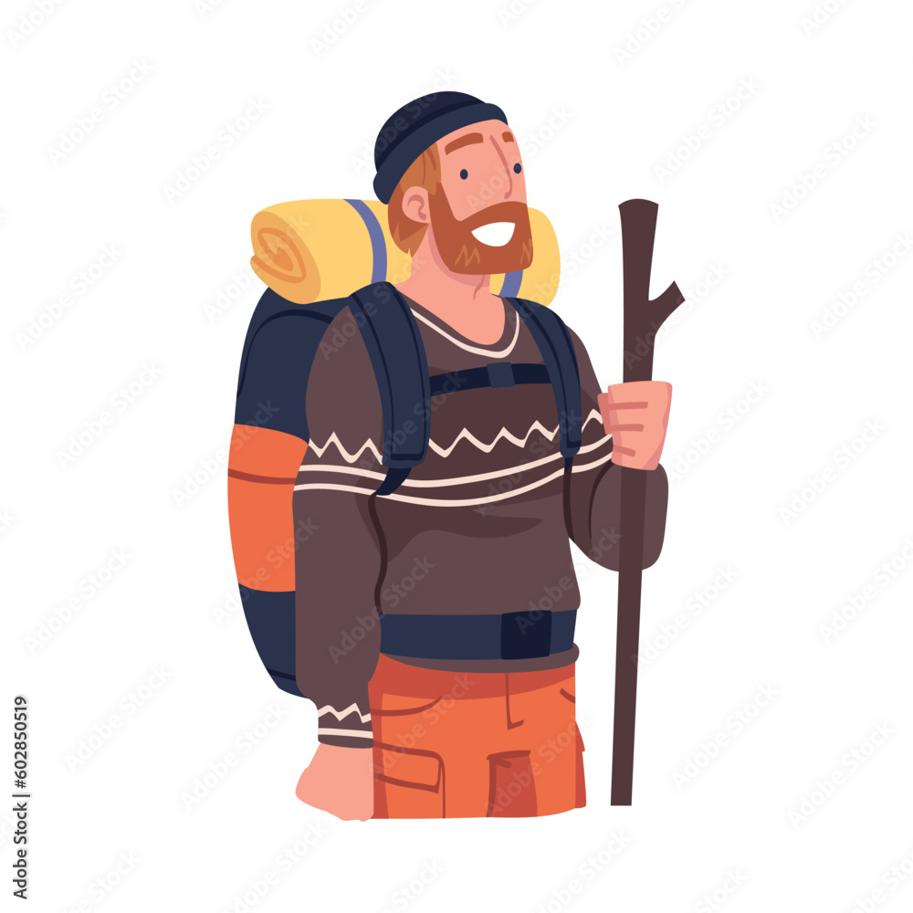 Young Bearded Man with Pole Engaged in Local Tourism Wearing Backpack and Hiking Vector Illustration