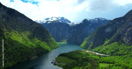 Kings Lake „Koenigssee“ in Berchtesgaden National Park aerial view
