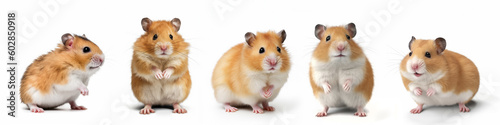 Animals pets hamsters banner panorama long - Collection of funny cute lying, sitting white brown hamster (cricetinae), isolated on white background, Generative Ai photo