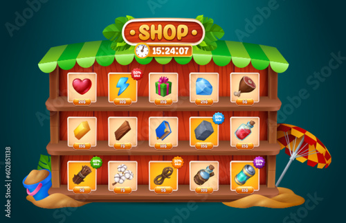 Cartoon game shop window with assets on wooden shelves. Vector illustration of gemstone, heart, gift box, golden bar, elixir bottle, magic capsule, cotton flower icons. User interface design elements