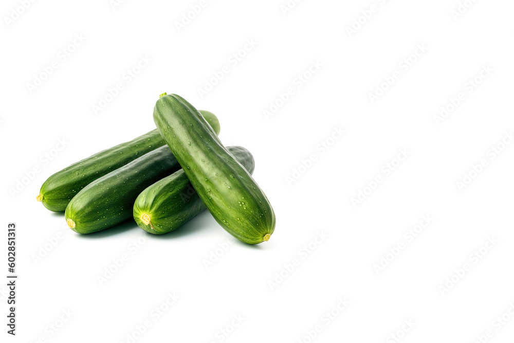 A pile of fresh green cucumbers isolated on white background with copy space. Created with Generative AI Technology A pile of fresh green cucumbers isolated on white background with copy space. Created with Generative AI Technology