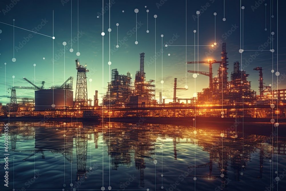 Fototapeta premium Double exposure of petrochemical plant at night. Concept of energy industry