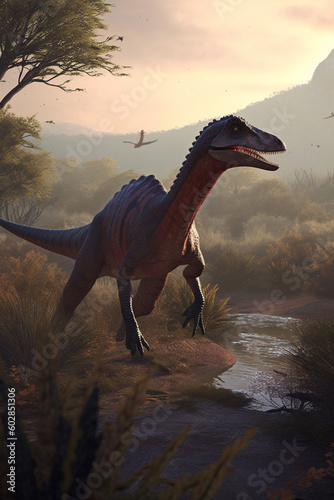 Raptor's Domain Realistic Illustration of Velociraptor in its Primal Habitat AI generated © artefacti