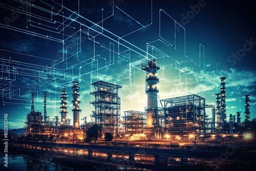 Double exposure of petrochemical plant at night. Concept of energy industry