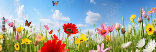 A colorful flower field, a mix of tulips, daisies, and other flowers in various shades, bees and butterflies flying around, a clear blue sky in the background, field of flowers, Generative AI © Ameer