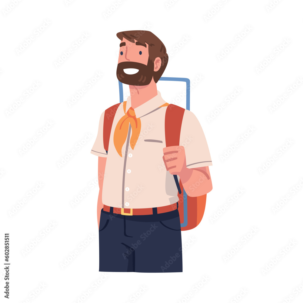 Young Bearded Man Character Engaged in Local Tourism Wearing Backpack and Hiking Vector Illustration