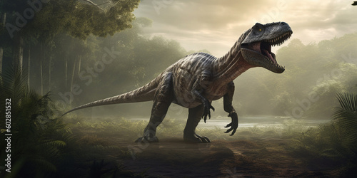 King of the Prehistoric Realm Realistic Illustration of Tyrannosaurus Rex in its Ancient Habitat AI generated © artefacti