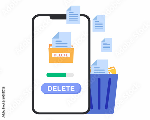 cleaning mobile phone from trash files removing files or documents to waste bin concept of Delete file