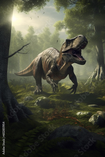 King of the Prehistoric Realm Realistic Illustration of Tyrannosaurus Rex in its Ancient Habitat AI generated © artefacti
