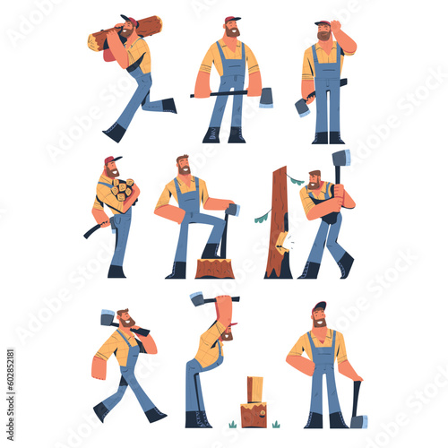 Bearded Man Logger or Lumberjack Cutting Tree Trunk Vector Set
