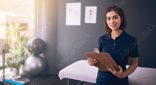 Physiotherapist, woman or portrait of chiropractor ready for physiotherapy or health consultation. Chiropractic or physical therapy worker with clipboard for check up to evaluate reflexology in body
