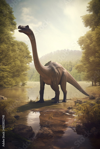 Glimpses of the Past Realistic Illustration of a Plateosaurus Roaming a Pristine Prehistoric Landscape AI generated © artefacti