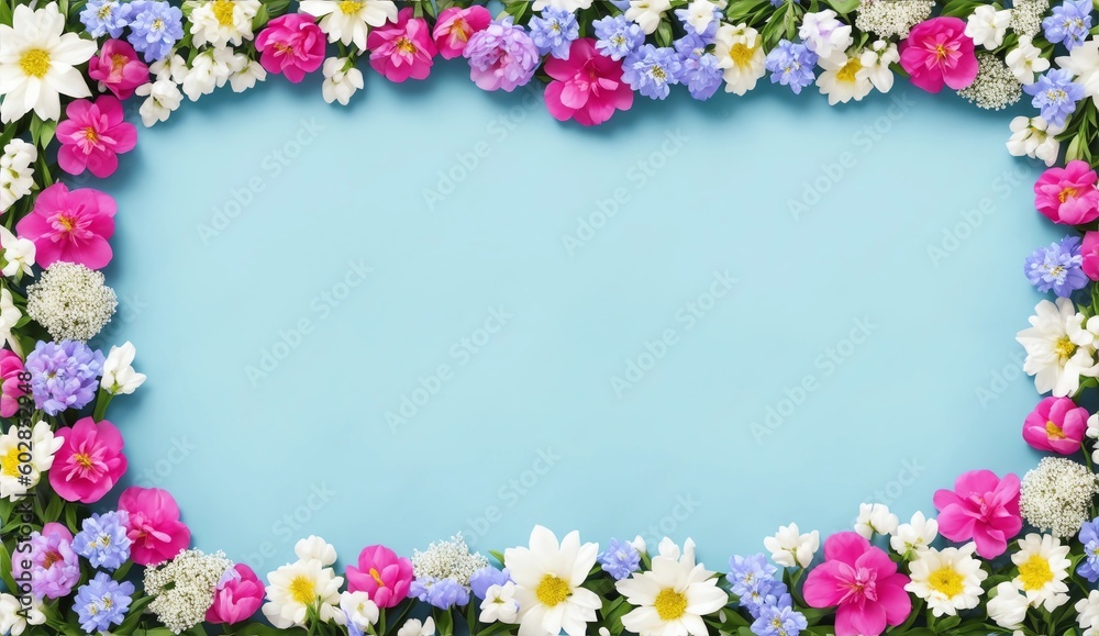 Colorful flowers frame with light blue background from Generative AI