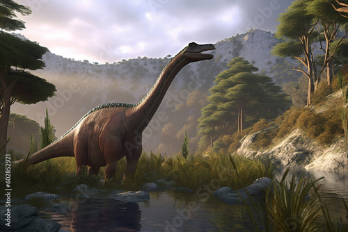 Glimpses of the Past Realistic Illustration of a Plateosaurus Roaming a Pristine Prehistoric Landscape AI generated © artefacti