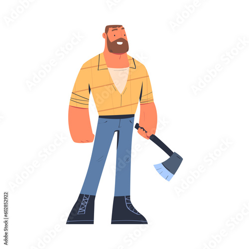 Bearded Man Logger or Lumberjack in Checkered Shirt with Axe Vector Illustration