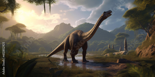 Glimpses of the Past Realistic Illustration of a Plateosaurus Roaming a Pristine Prehistoric Landscape AI generated