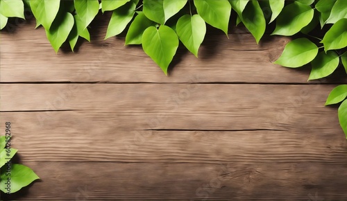 Lush green leaves on top and side of wooden plank from Generative AI