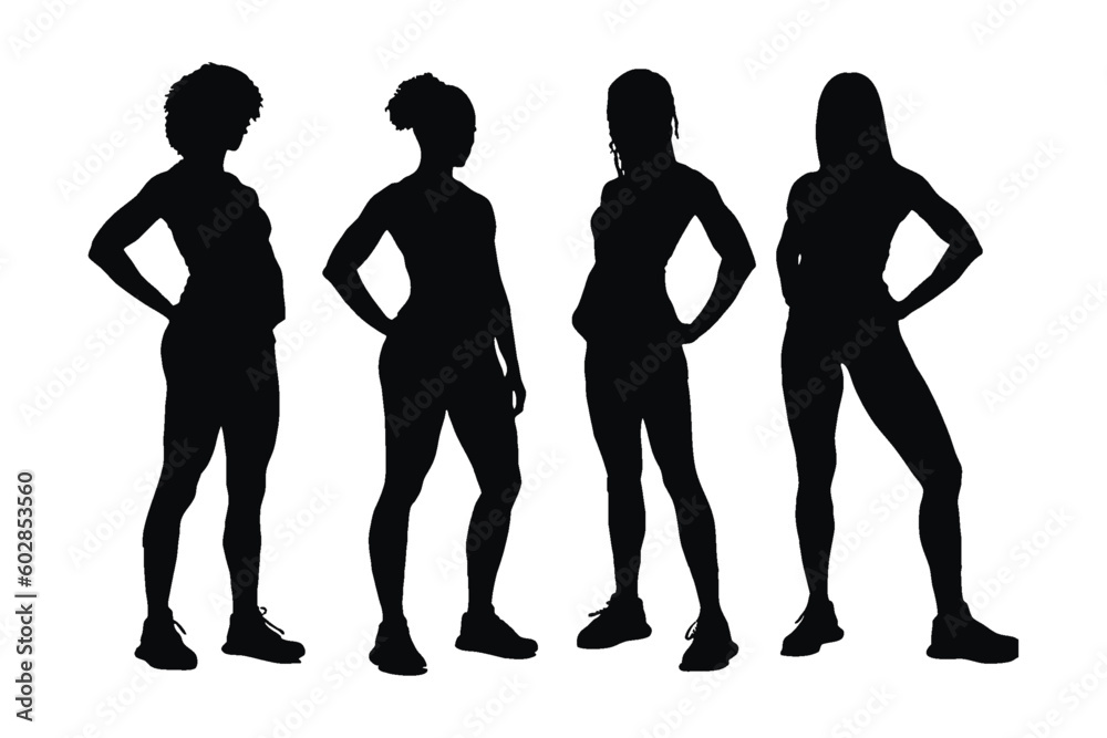Female bodybuilder full body silhouette set vector on a white background. Girl gymnasts and weightlifters with anonymous faces standing in different positions. Bodybuilder silhouette design collection Female bodybuilder full body silhouette set vector on a white background. Girl gymnasts and weightlifters with anonymous faces standing in different positions. Bodybuilder silhouette design collection