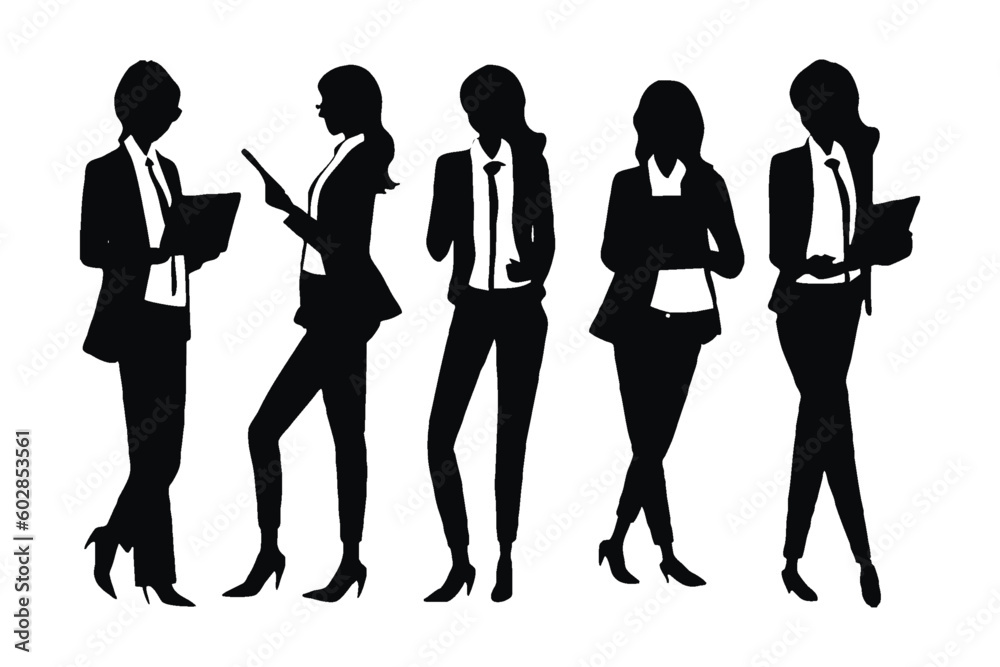 Female businessman and accountant silhouette set vector standing with tablets. Businesswomen with anonymous faces on a white background. Modern girl model wearing office dresses silhouette collection.