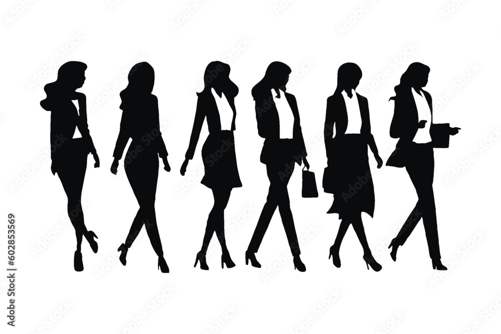 Female accountant and office employee silhouette set vector. Businesswomen silhouette bundle standing in different positions. Modern female model collection wearing suits and with anonymous faces. Female accountant and office employee silhouette set vector. Businesswomen silhouette bundle standing in different positions. Modern female model collection wearing suits and with anonymous faces.