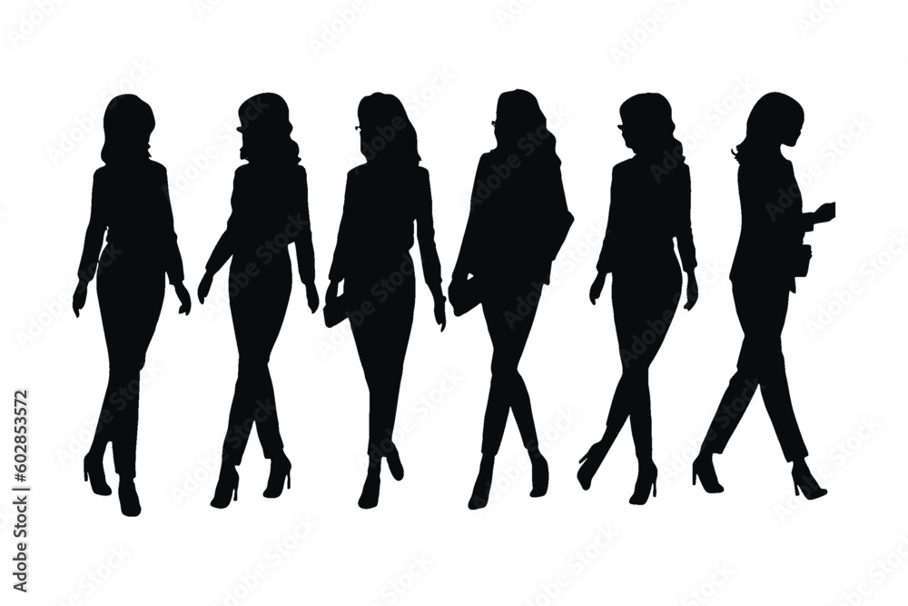 Stylish female model silhouette set walking and standing in different positions. Anonymous female model and office employee collection on a white background. Girl employee silhouette bundle vector. Stylish female model silhouette set walking and standing in different positions. Anonymous female model and office employee collection on a white background. Girl employee silhouette bundle vector.