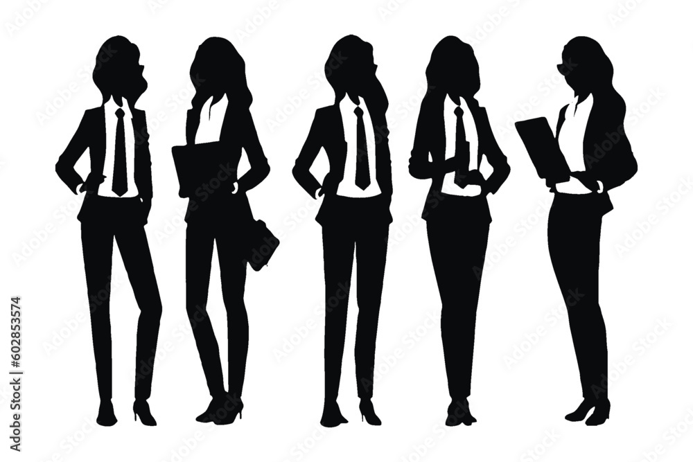 Female businessman full body silhouette vector standing. Female accountants and businessmen with anonymous faces on a white background. Modern girl model wearing office dresses silhouette collection.