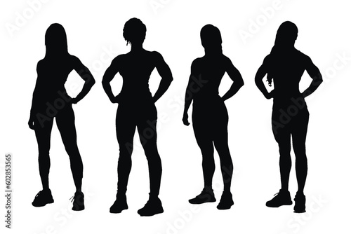 Girl gymnasts and weightlifters full body silhouette set vector on a white background. Bodybuilder silhouette design bundle, standing in different positions. Female bodybuilders with anonymous faces.