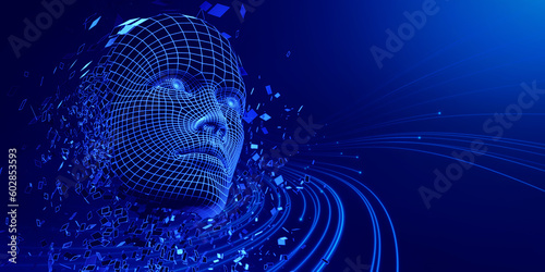 Artificial intelligence Machine Learning. Digital human face. Dispersion dissolve disintegration