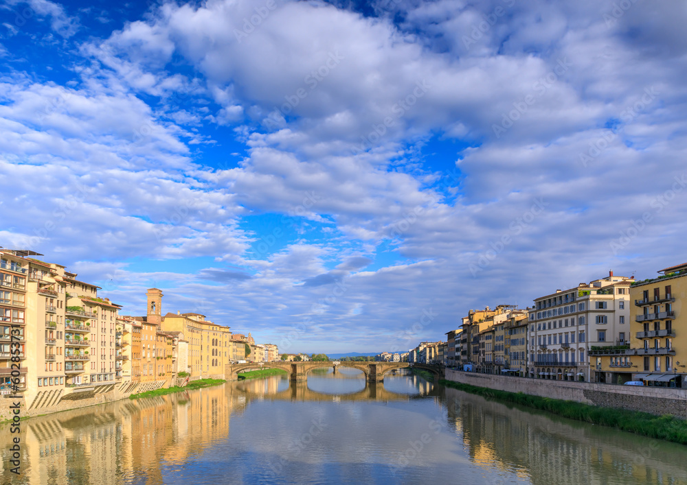 Florence skyline from the Ponte Vecchio over the Arno River: in the background the Santa Trinità Bridge.