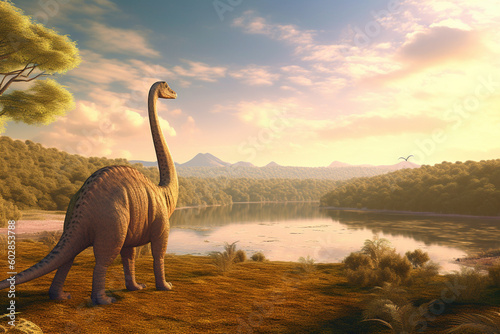 Graceful Giants Roaming the Prehistoric Realm Realistic Illustration Showcasing the Diplodocus in a Serene Prehistoric Landscape AI generated