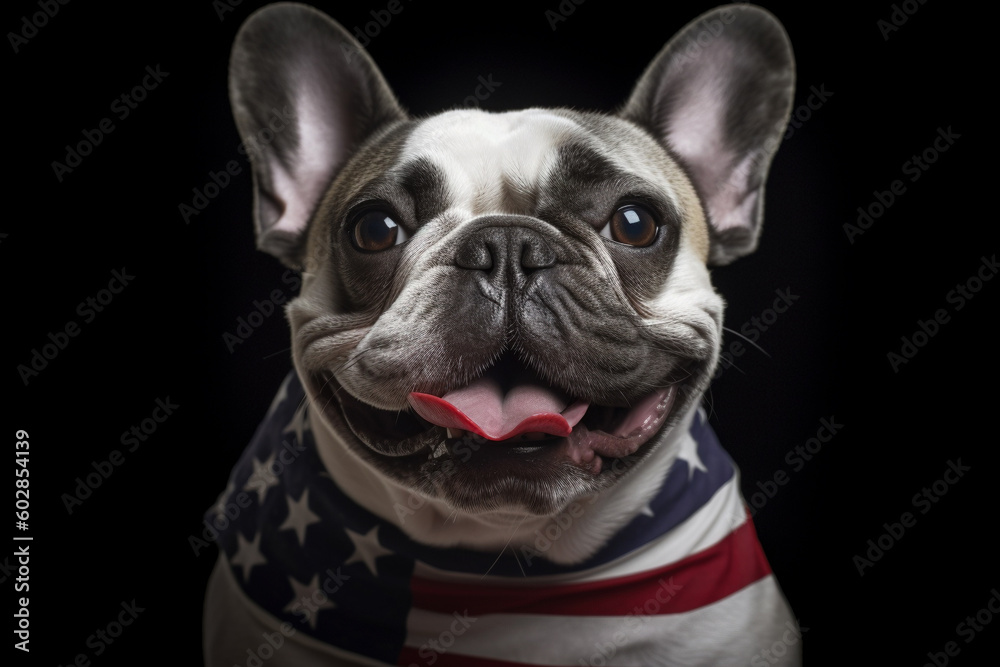 French Bulldog dog with American flag neckerchief on black background. Generative AI illustration