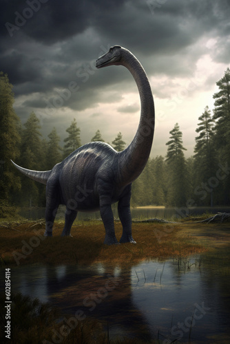 Graceful Giants Roaming the Prehistoric Realm Realistic Illustration Showcasing the Diplodocus in a Serene Prehistoric Landscape AI generated © artefacti