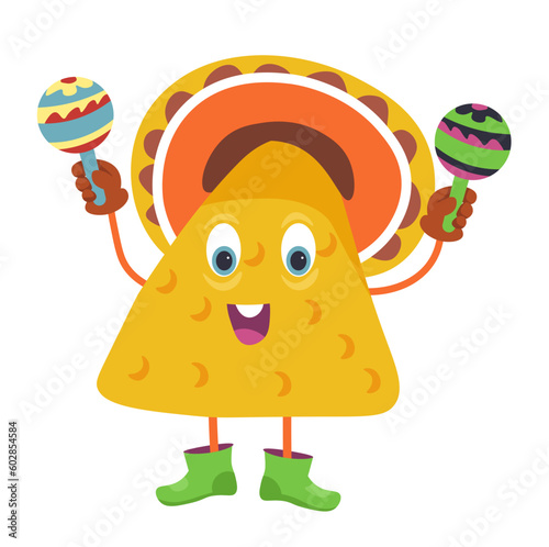 Mexico food character, corn nacho with maracas
