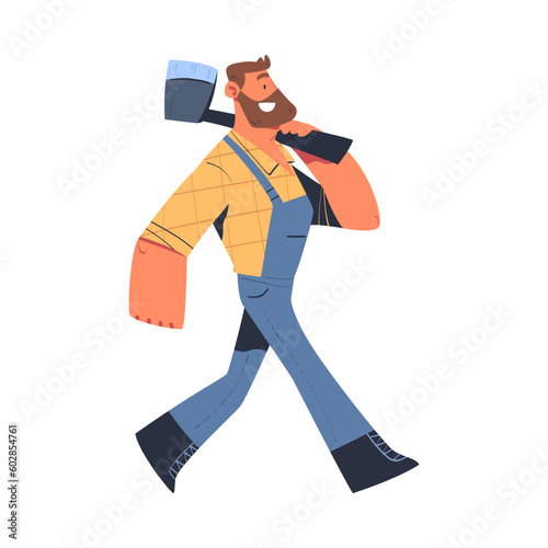 Bearded Man Logger or Lumberjack in Checkered Shirt Walking with Axe Vector Illustration